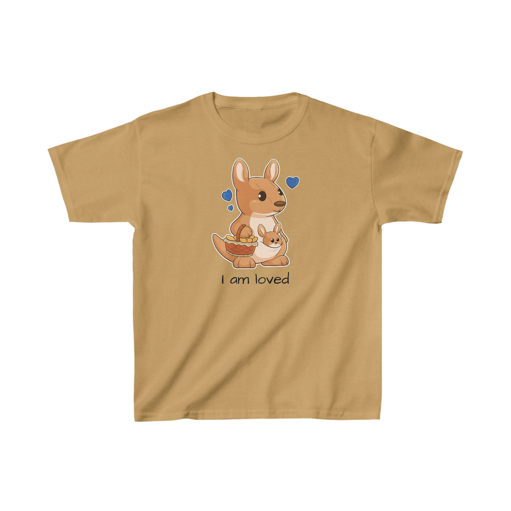 A short-sleeve old gold shirt with a picture of a kangaroo that says I am loved.