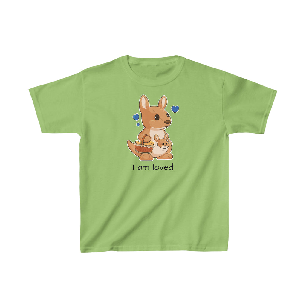 A short-sleeve lime green shirt with a picture of a kangaroo that says I am loved.