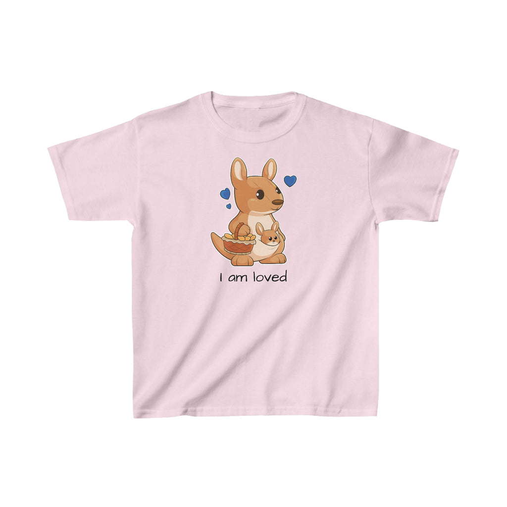 A short-sleeve light pink shirt with a picture of a kangaroo that says I am loved.