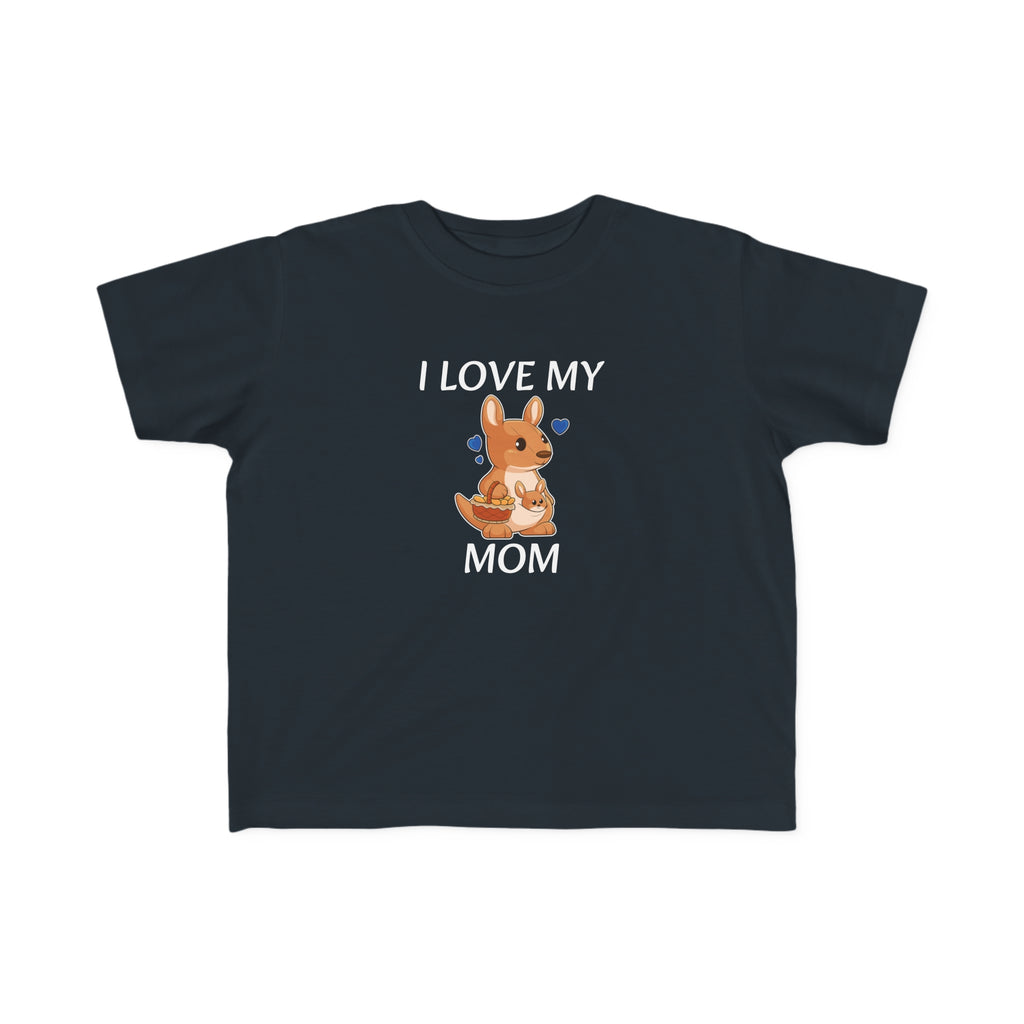 A short-sleeve black shirt with a picture of a kangaroo that says I Love My Mom.