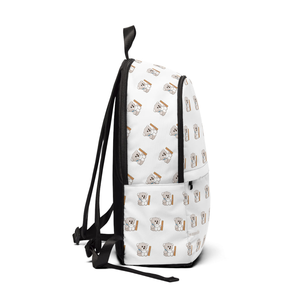 Side-view of a backpack with a repeating pattern of a bear and the phrase "I am responsible" in the bottom left corner of the front.