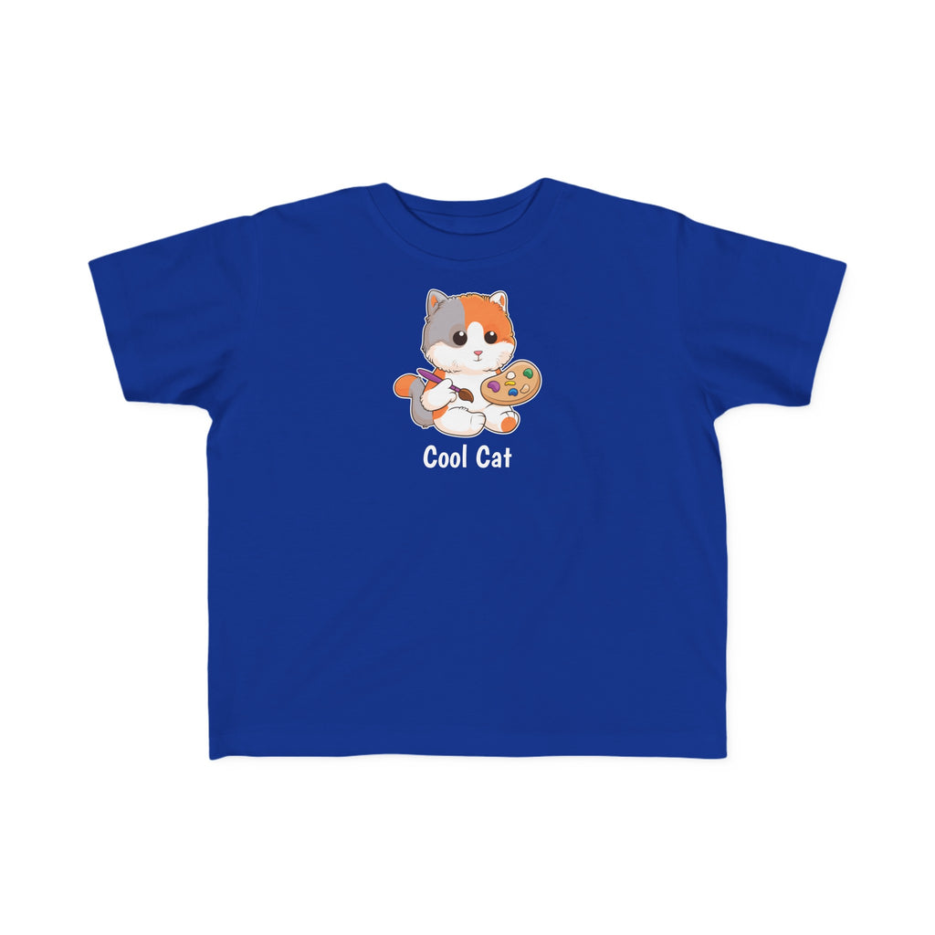 A short-sleeve royal blue shirt with a picture of a cat that says Cool Cat.