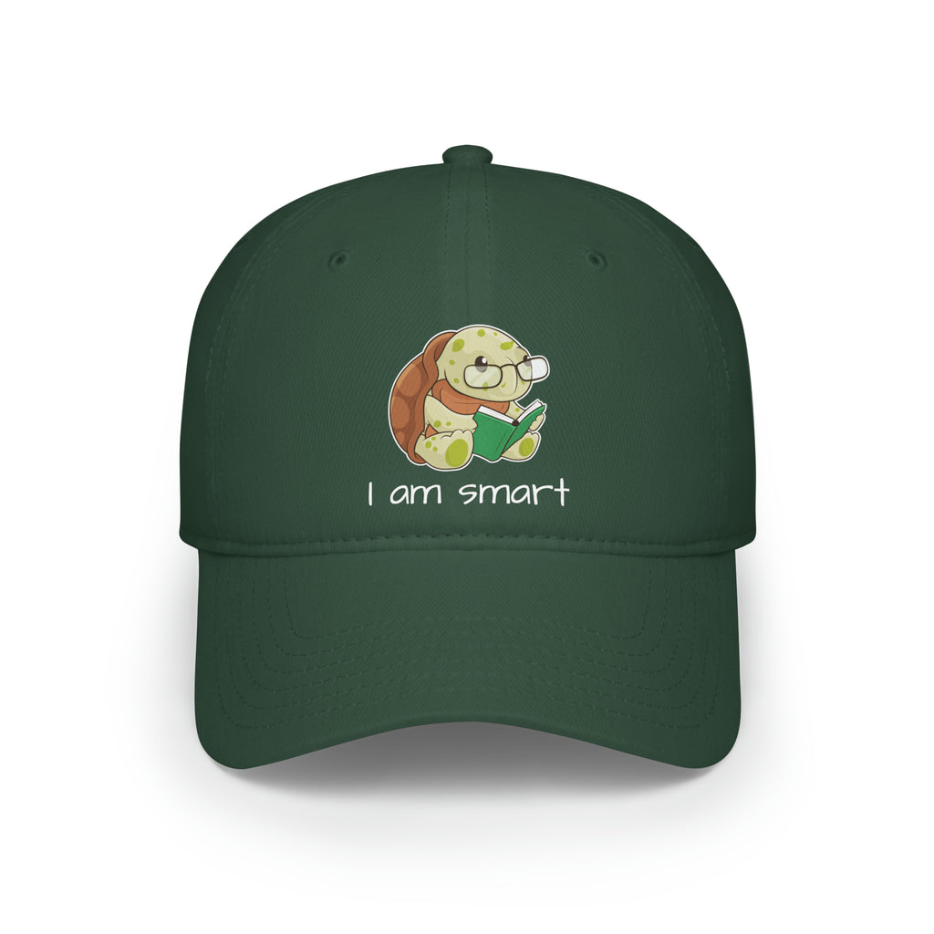 Front-view of a dark green baseball hat with a picture of a turtle that says I am smart.
