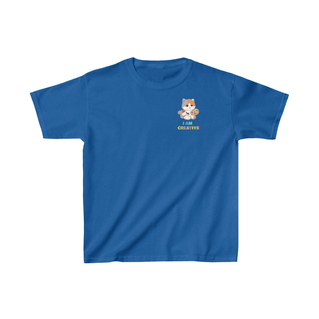 A short-sleeve royal blue shirt with a small picture on the left chest. The image is a cat with a multi-color phrase below it that says I am creative.