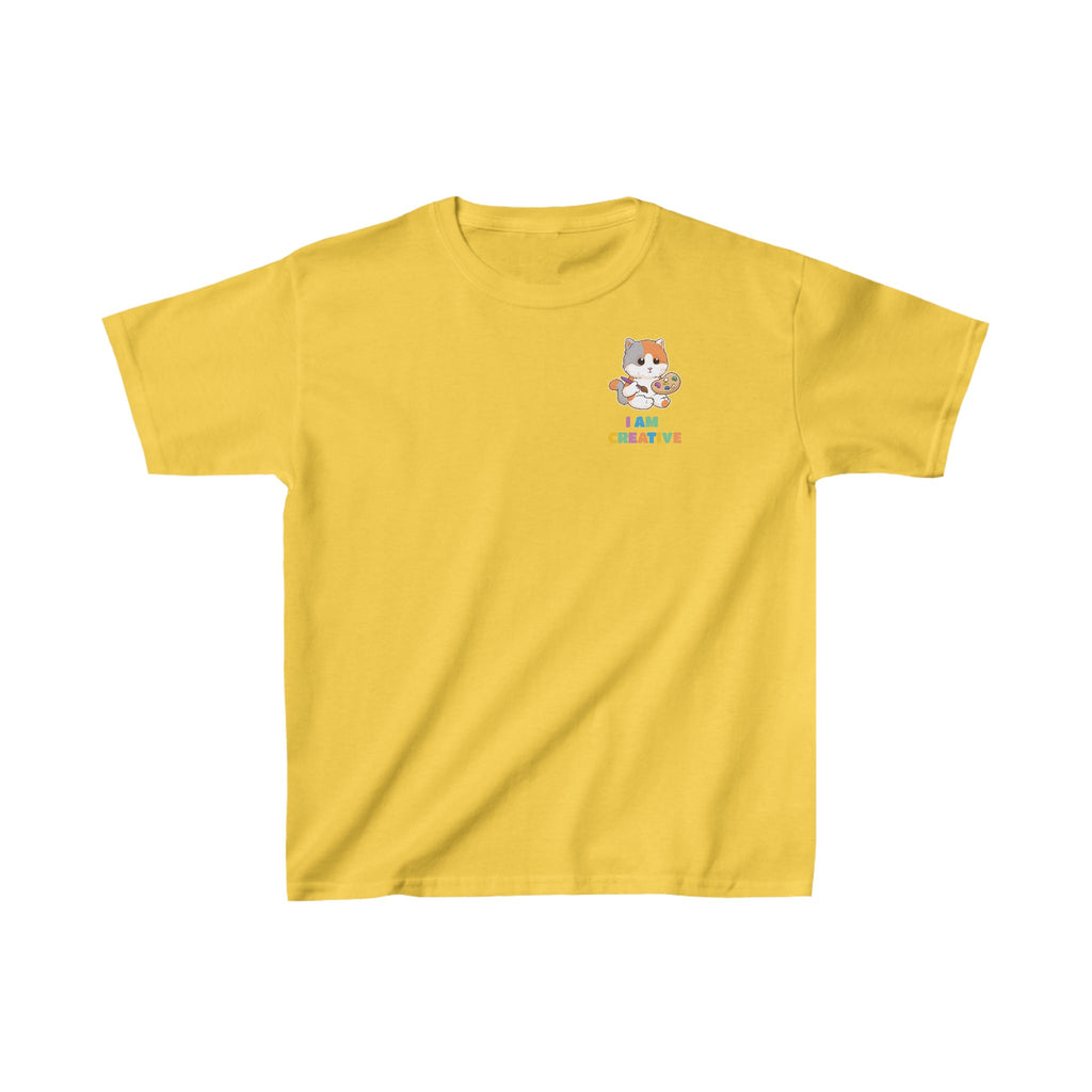 A short-sleeve yellow shirt with a small picture on the left chest. The image is a cat with a multi-color phrase below it that says I am creative.