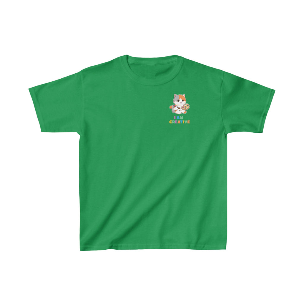 A short-sleeve green shirt with a small picture on the left chest. The image is a cat with a multi-color phrase below it that says I am creative.