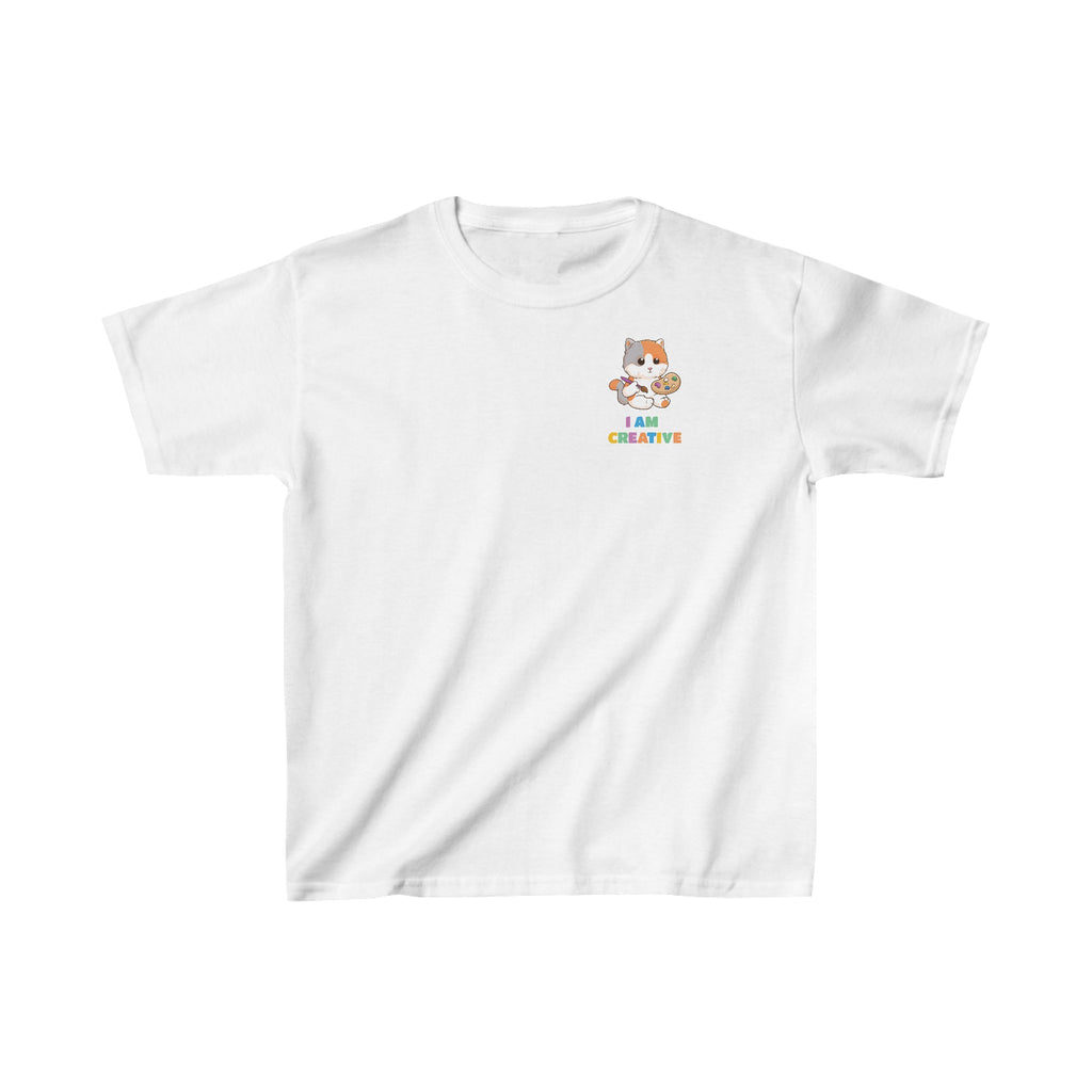 A short-sleeve white shirt with a small picture on the left chest. The image is a cat with a multi-color phrase below it that says I am creative.