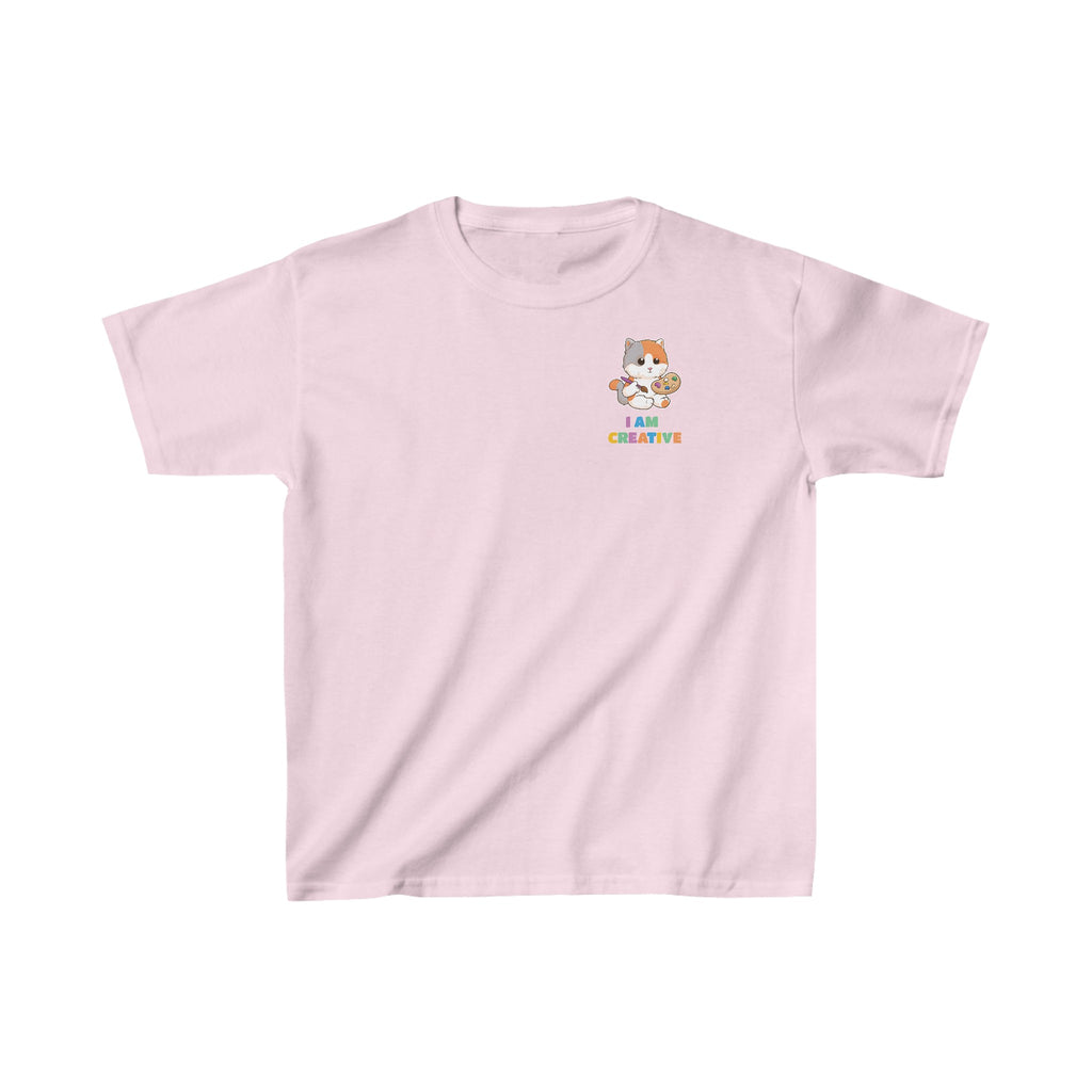 A short-sleeve light pink shirt with a small picture on the left chest. The image is a cat with a multi-color phrase below it that says I am creative.
