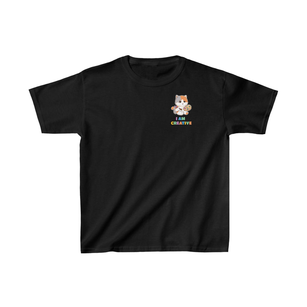 A short-sleeve black shirt with a small picture on the left chest. The image is a cat with a multi-color phrase below it that says I am creative.