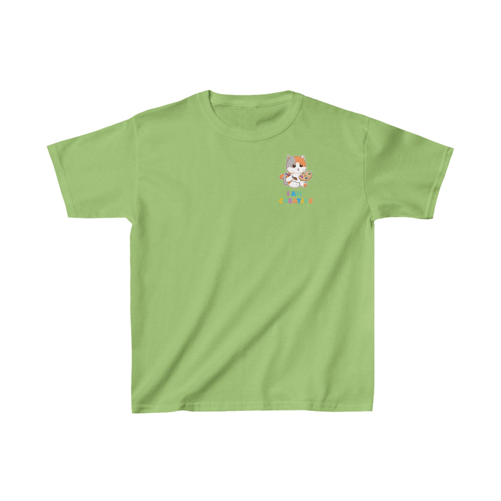A short-sleeve lime green shirt with a small picture on the left chest. The image is a cat with a multi-color phrase below it that says I am creative.