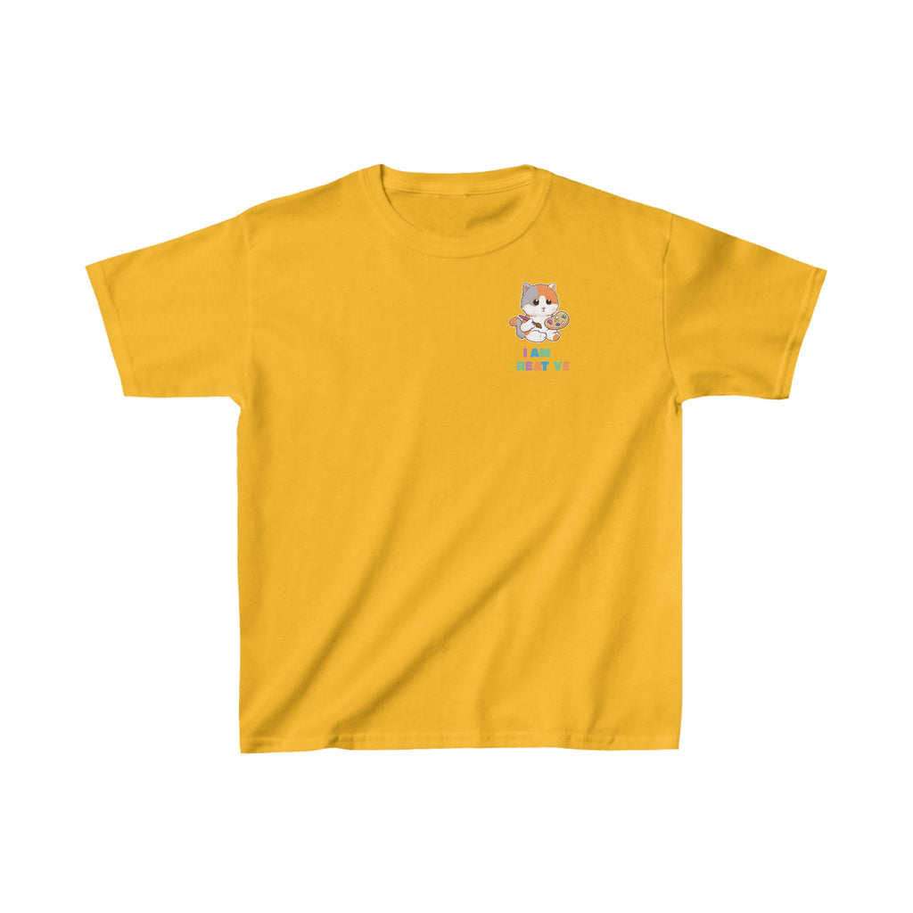 A short-sleeve golden yellow shirt with a small picture on the left chest. The image is a cat with a multi-color phrase below it that says I am creative.
