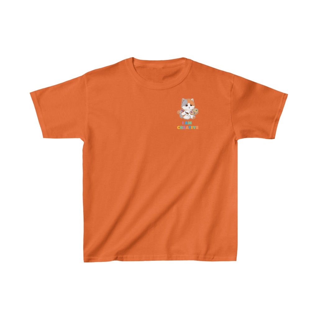 A short-sleeve orange shirt with a small picture on the left chest. The image is a cat with a multi-color phrase below it that says I am creative.