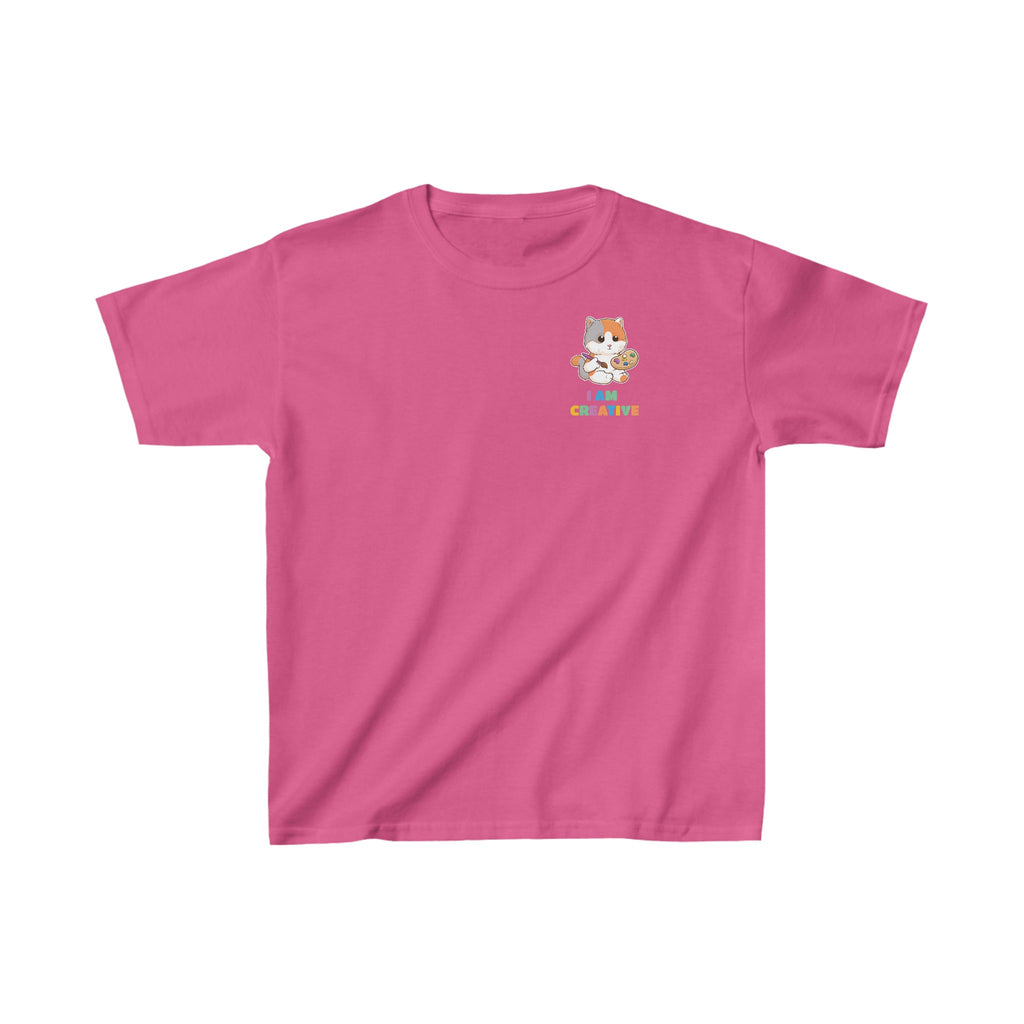 A short-sleeve pink shirt with a small picture on the left chest. The image is a cat with a multi-color phrase below it that says I am creative.
