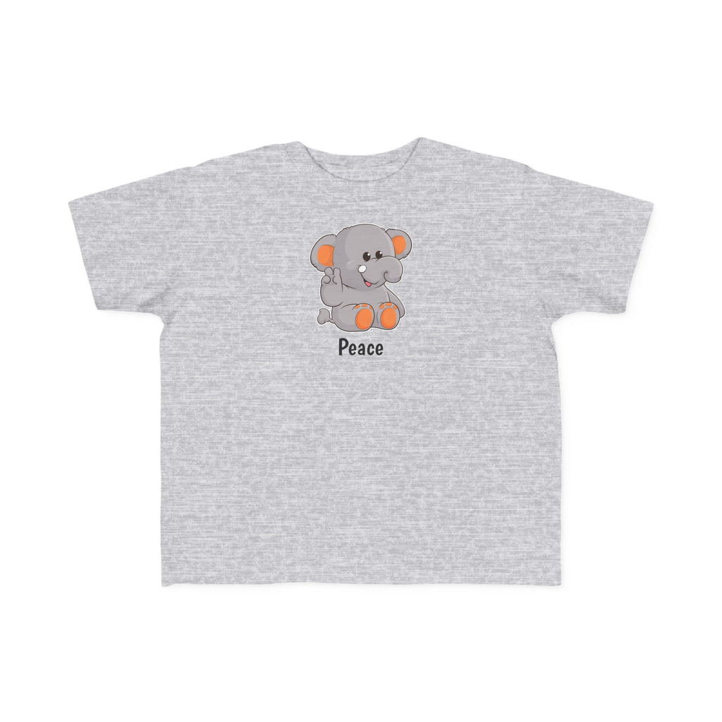 A short-sleeve heather grey shirt with a picture of an elephant that says Peace.