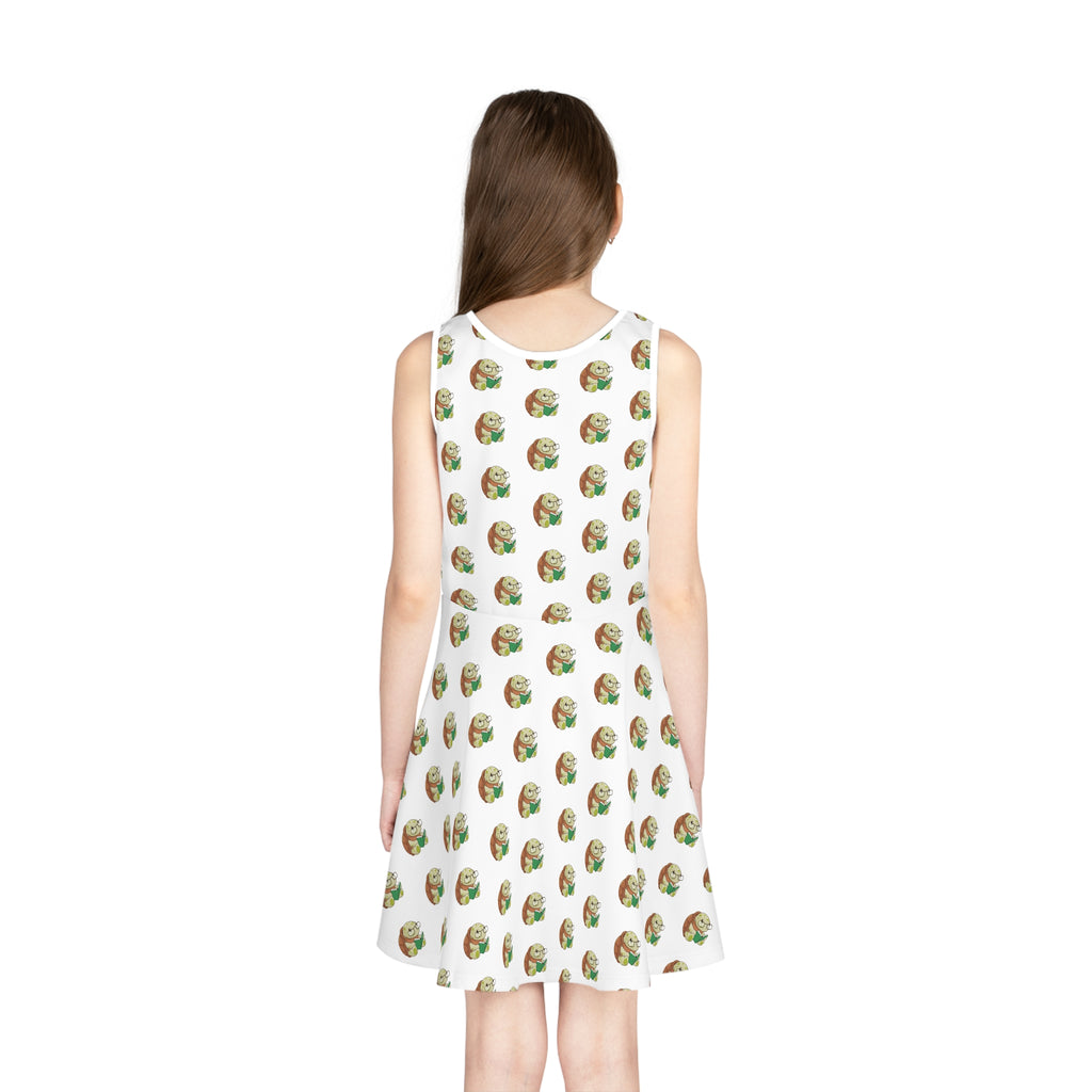 Back-view of a girl wearing a sleeveless white dress with a repeating pattern of a turtle.