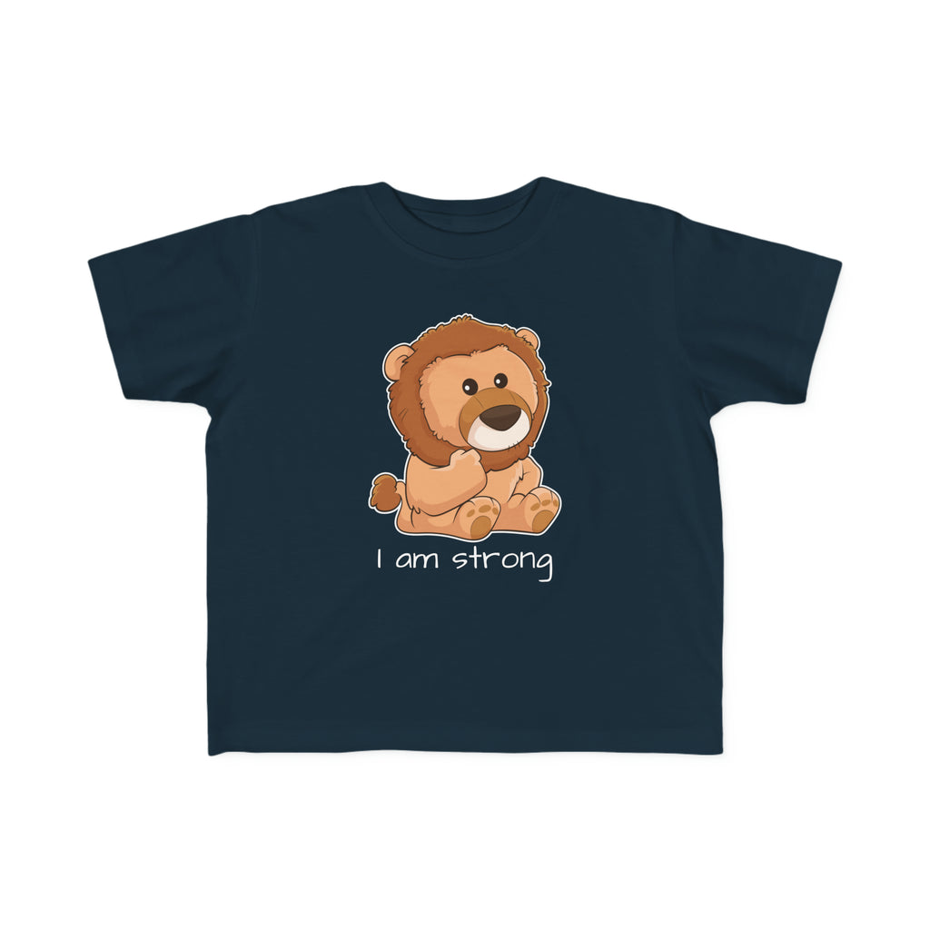 A short-sleeve navy blue shirt with a picture of a lion that says I am strong.