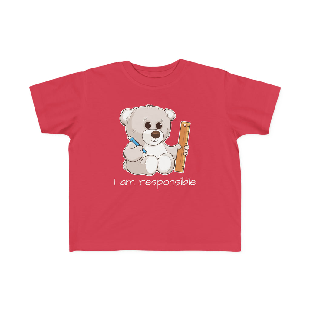 A short-sleeve red shirt with a picture of a bear that says I am responsible.