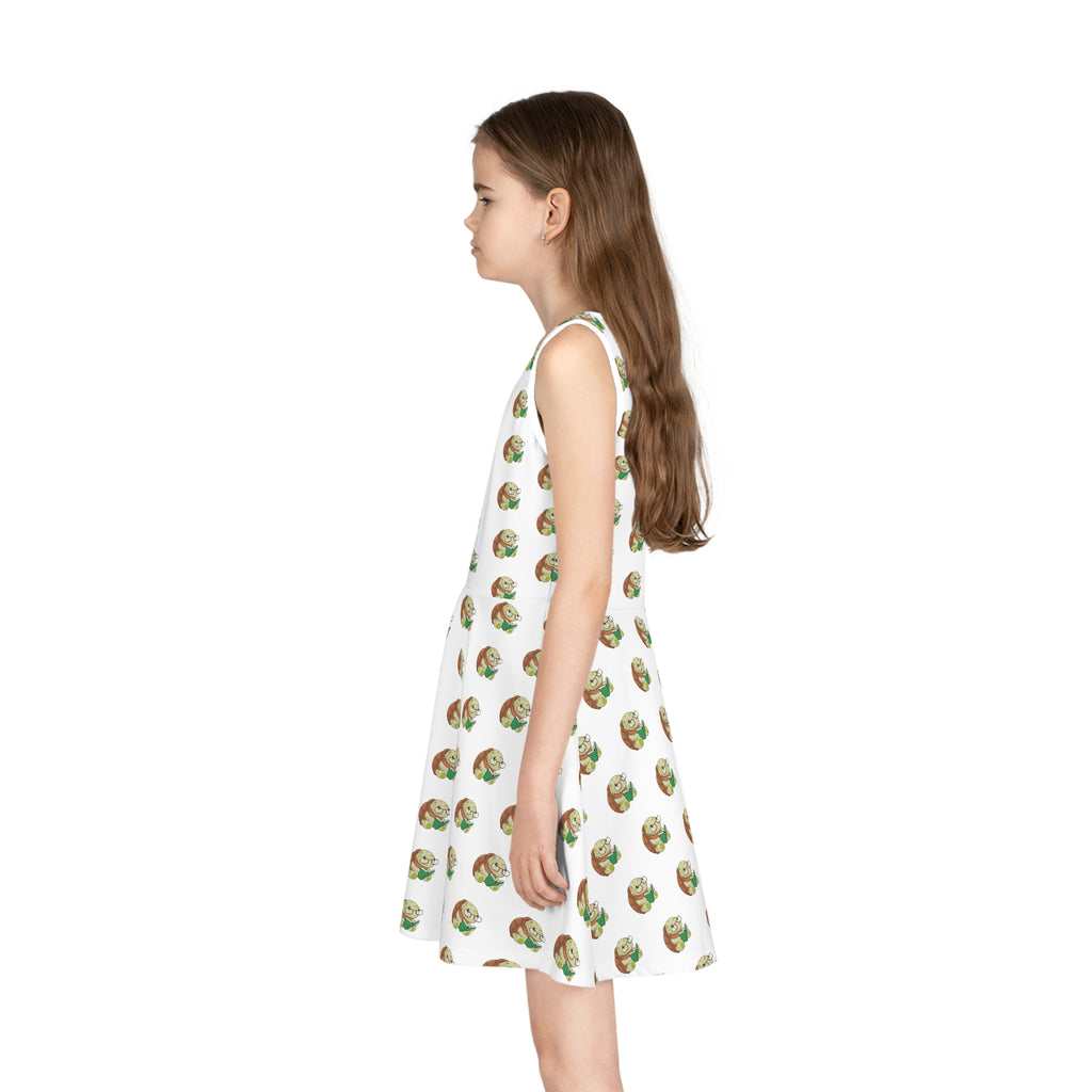 Left side-view of a girl wearing a sleeveless white dress with a repeating pattern of a turtle.