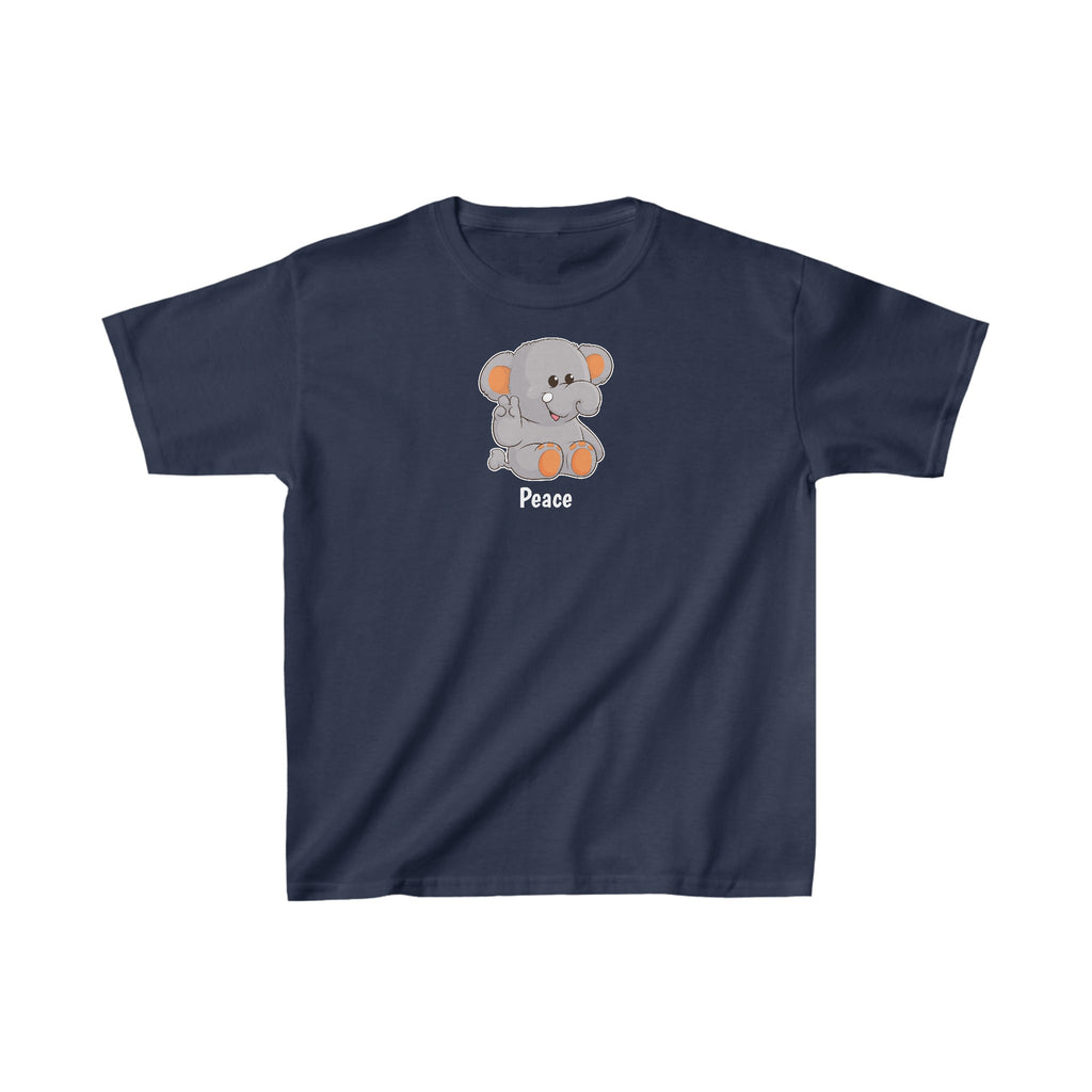 A short-sleeve navy blue shirt with a picture of an elephant that says Peace.