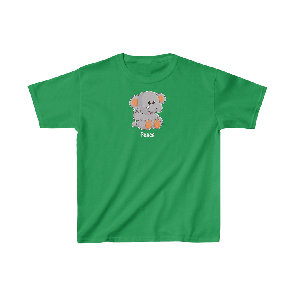 A short-sleeve green shirt with a picture of an elephant that says Peace.
