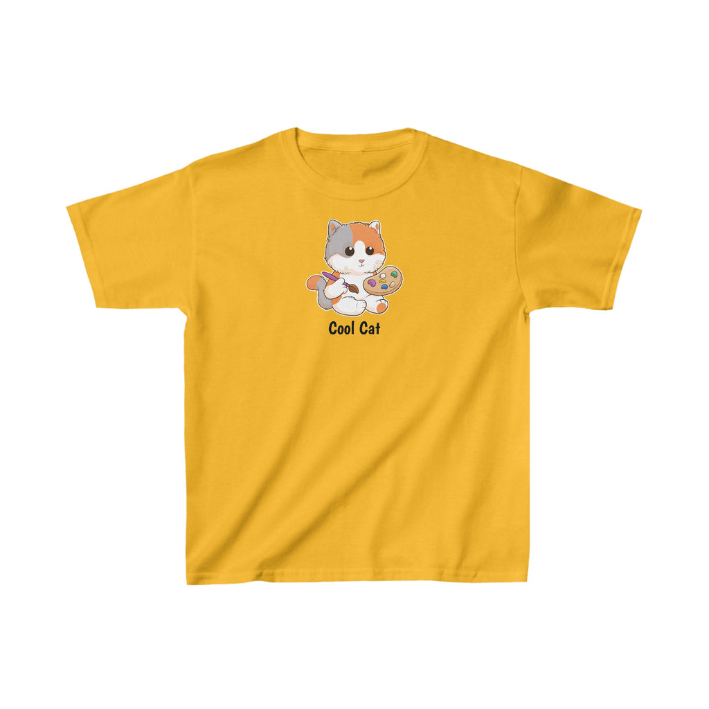 A short-sleeve golden yellow shirt with a picture of a cat that says Cool Cat.