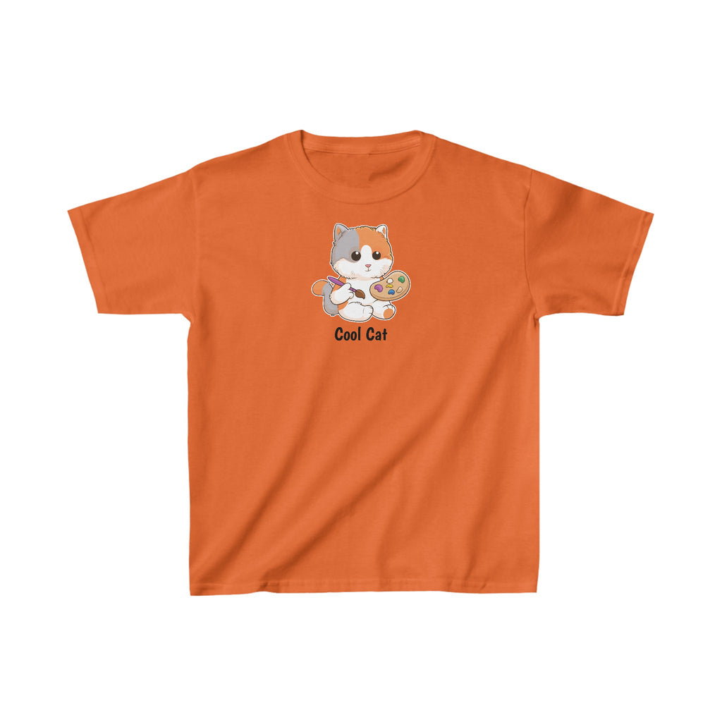 A short-sleeve orange shirt with a picture of a cat that says Cool Cat.