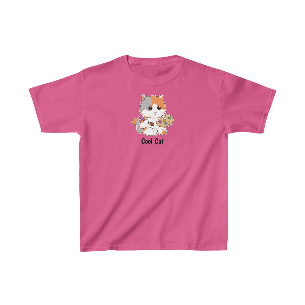 A short-sleeve pink shirt with a picture of a cat that says Cool Cat.
