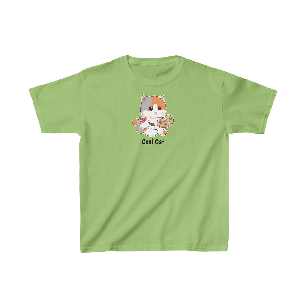 A short-sleeve lime green shirt with a picture of a cat that says Cool Cat.