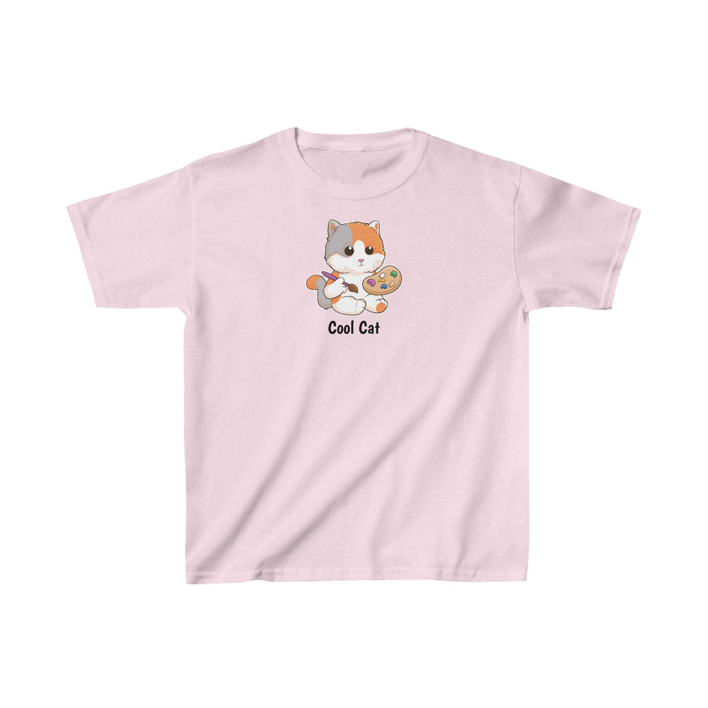 A short-sleeve light pink shirt with a picture of a cat that says Cool Cat.