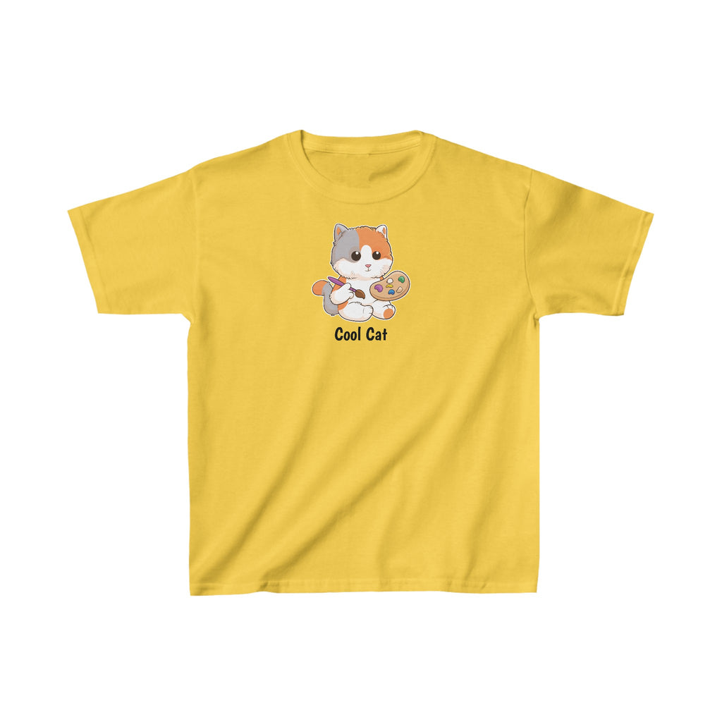 A short-sleeve yellow shirt with a picture of a cat that says Cool Cat.