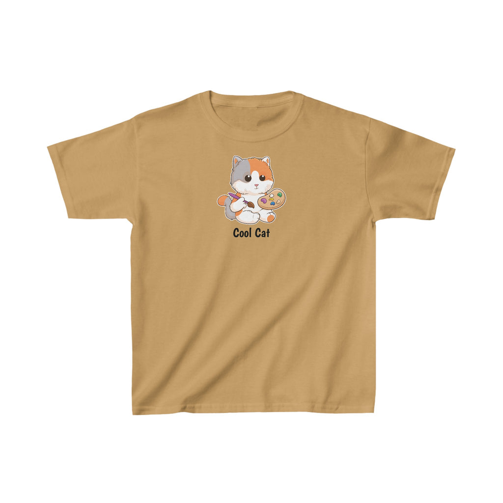 A short-sleeve old gold shirt with a picture of a cat that says Cool Cat.