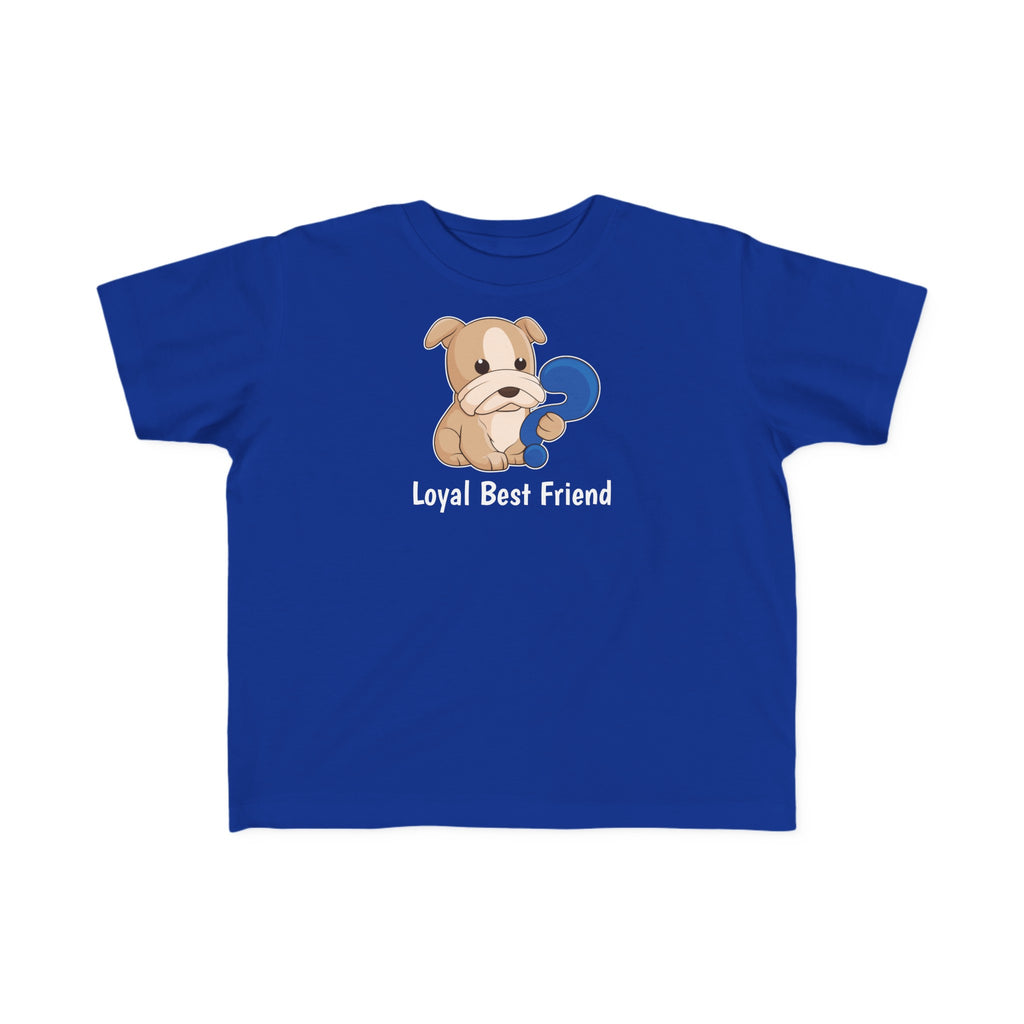 A short-sleeve royal blue shirt with a picture of a dog that says Loyal Best Friend.
