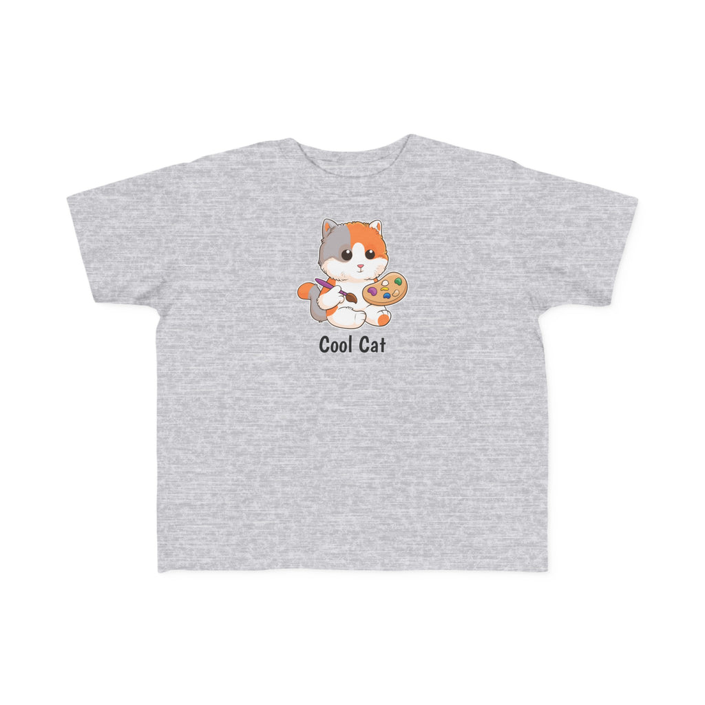 A short-sleeve heather grey shirt with a picture of a cat that says Cool Cat.