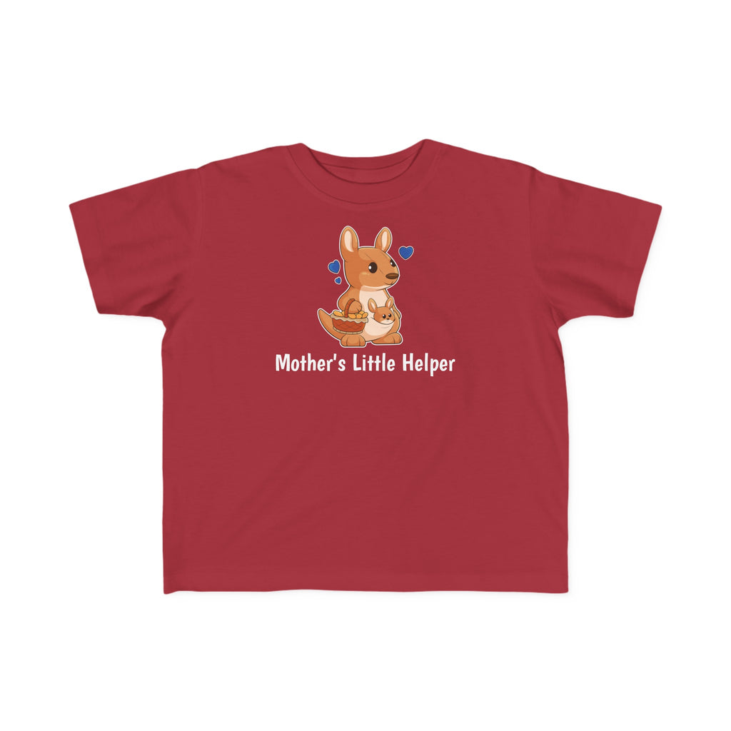 A short-sleeve garnet red shirt with a picture of a kangaroo that says Mother's Little Helper.