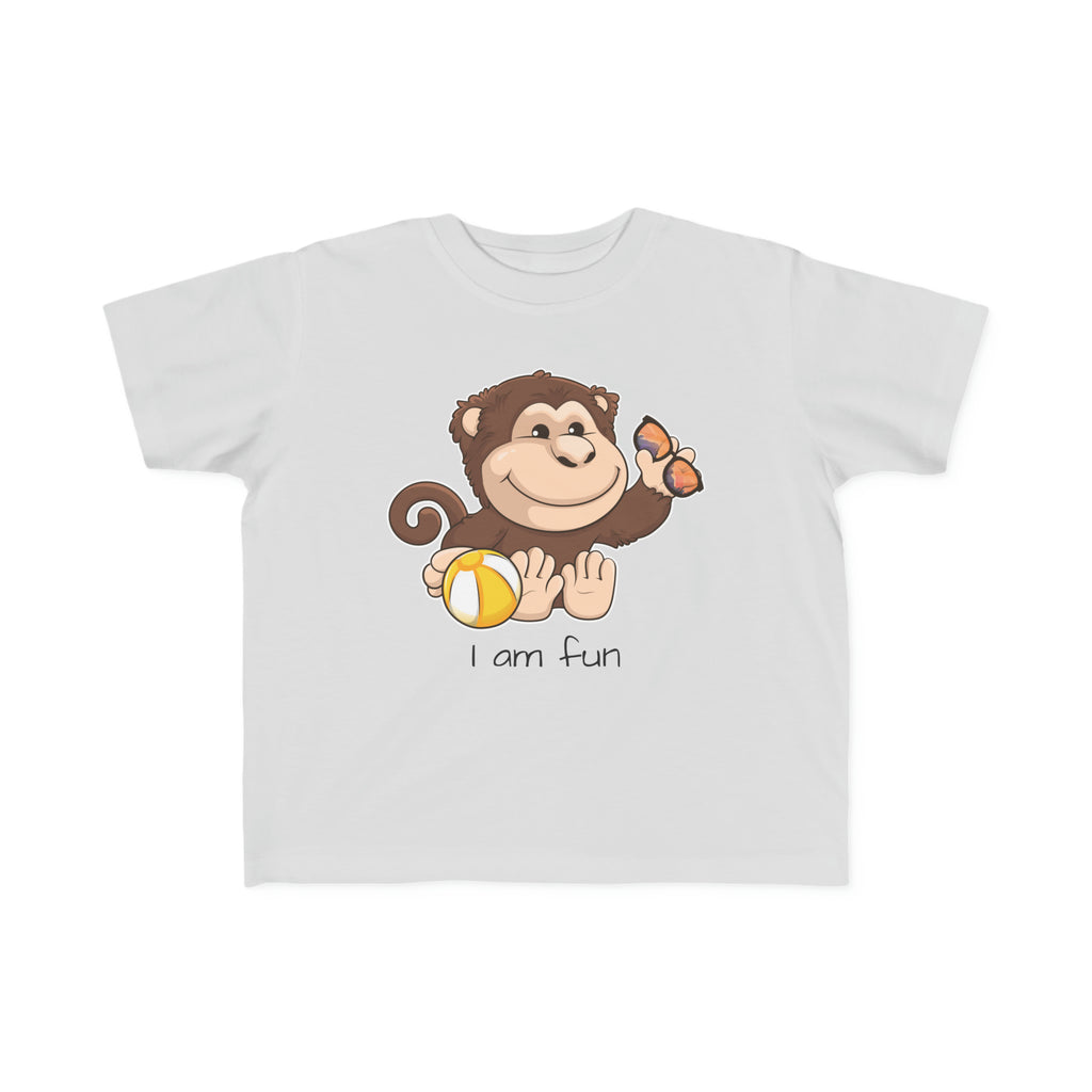 A short-sleeve grey shirt with a picture of a monkey that says I am fun.