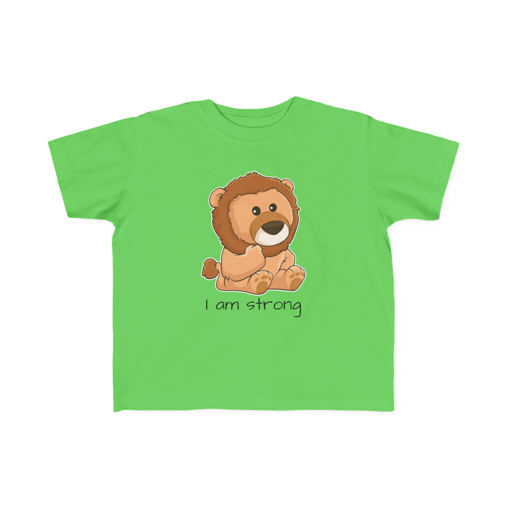 A short-sleeve green shirt with a picture of a lion that says I am strong.