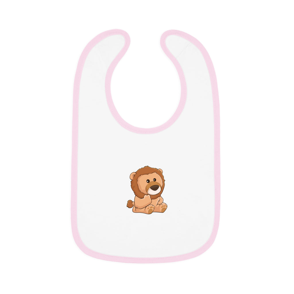 A white baby bib with light pink trim and a small picture of a lion.