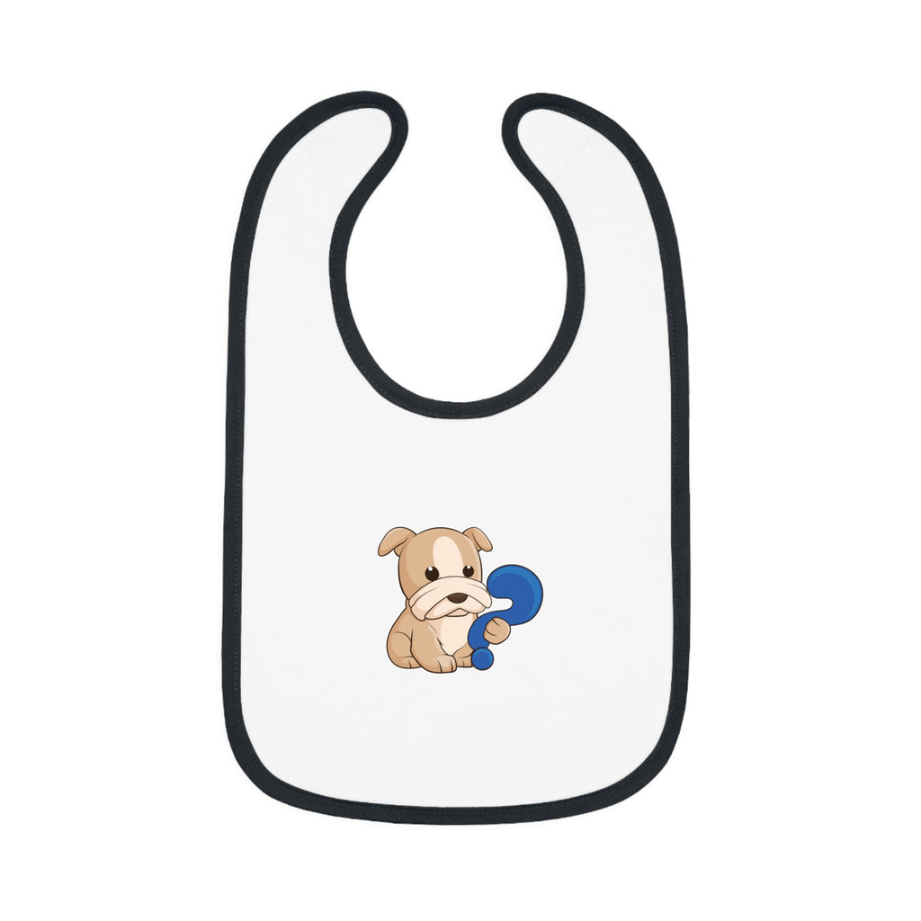 A white baby bib with black trim and a small picture of a dog.