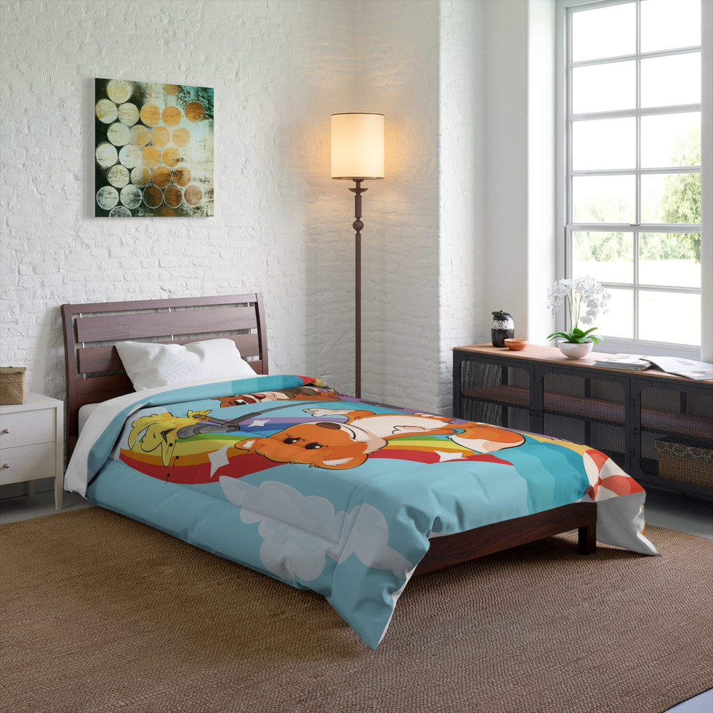 A 68 by 88 inch bed comforter with a scene of a fox singing with a bird and squirrel on a stage on the beach, a rainbow in the background, and the phrase "I am strong" along the bottom. The comforter covers a twin-sized bed.