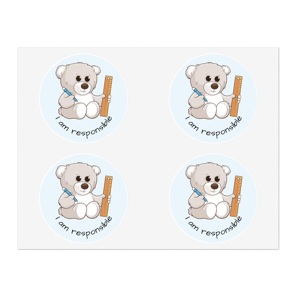 A sheet of 4 round stickers with a picture of a bear that says I am responsible.