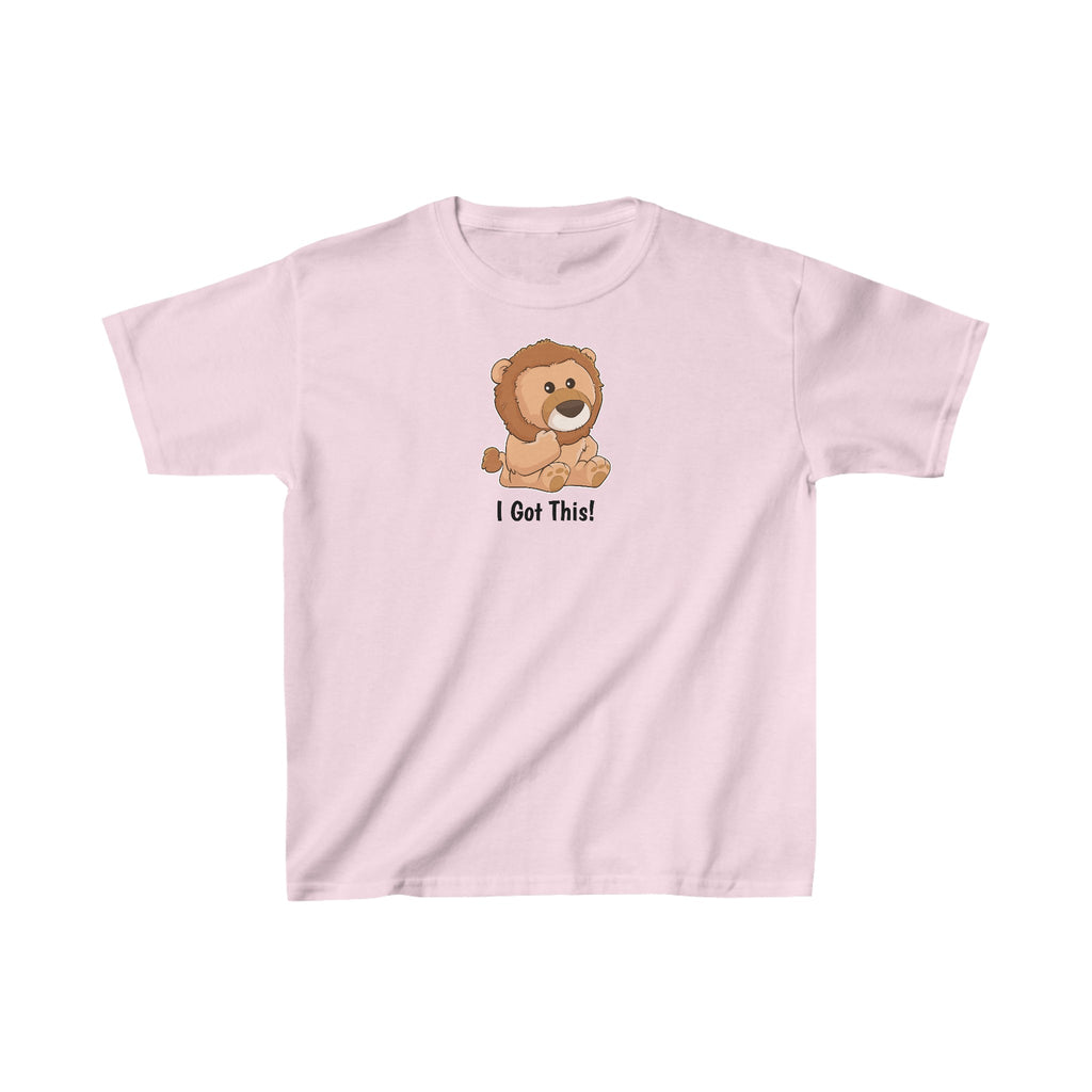 A short-sleeve light pink shirt with a picture of a lion that says I Got This.