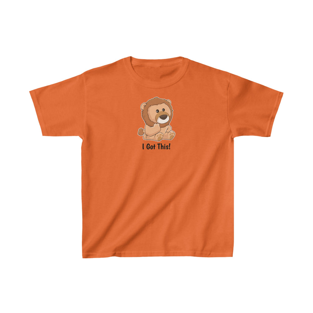 A short-sleeve orange shirt with a picture of a lion that says I Got This.