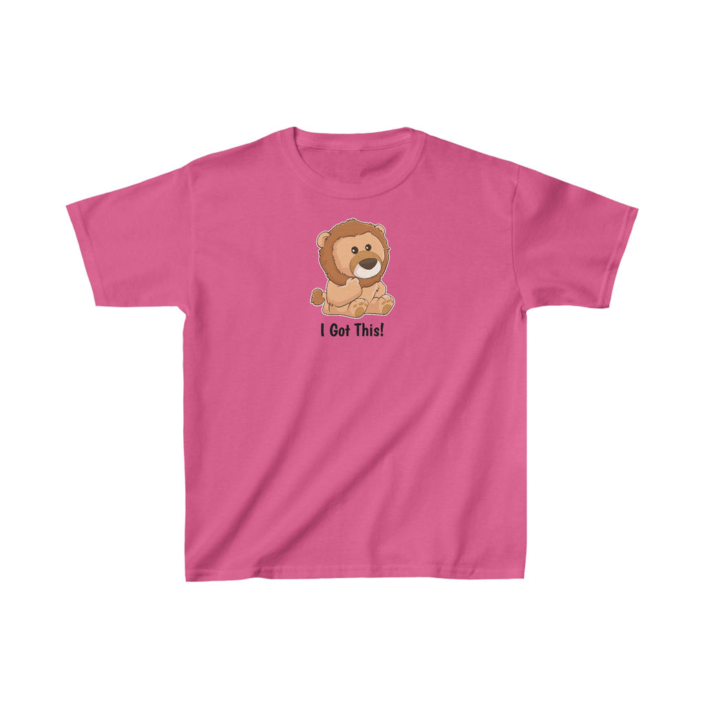 A short-sleeve pink shirt with a picture of a lion that says I Got This.