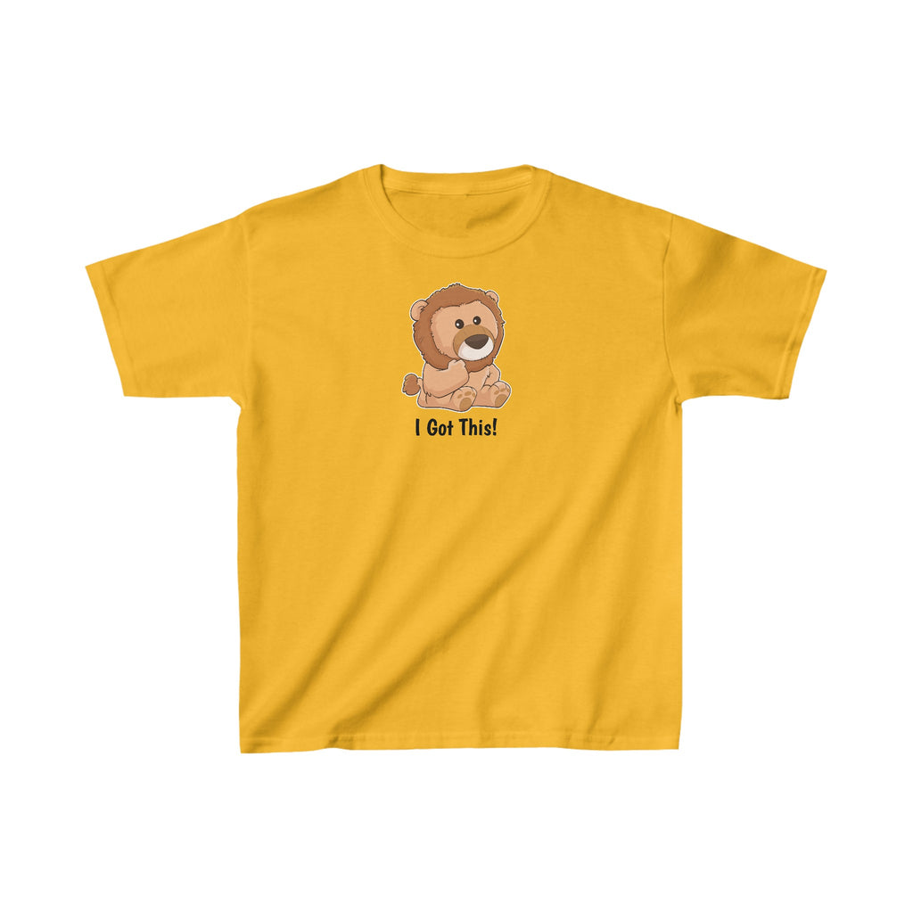 A short-sleeve golden yellow shirt with a picture of a lion that says I Got This.