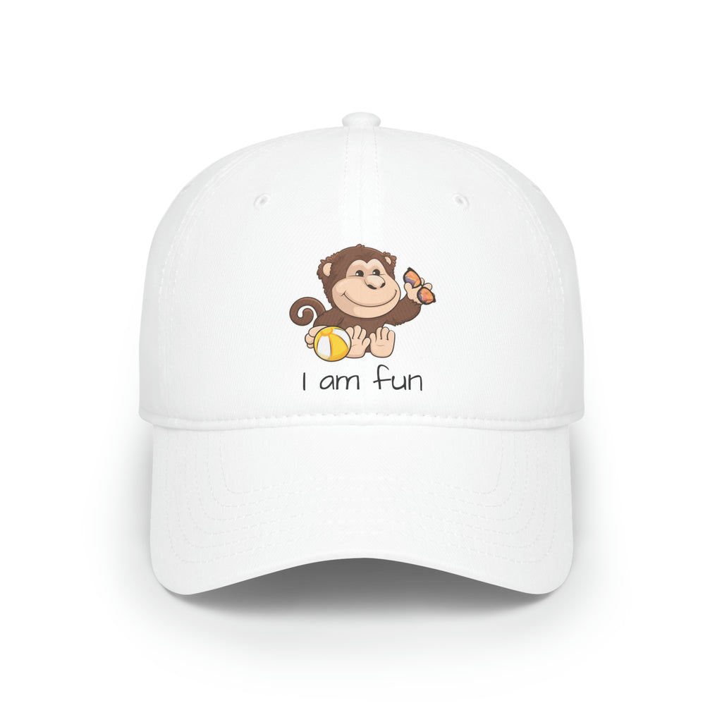 Front-view of a white baseball hat with a picture of a monkey that says I am fun.