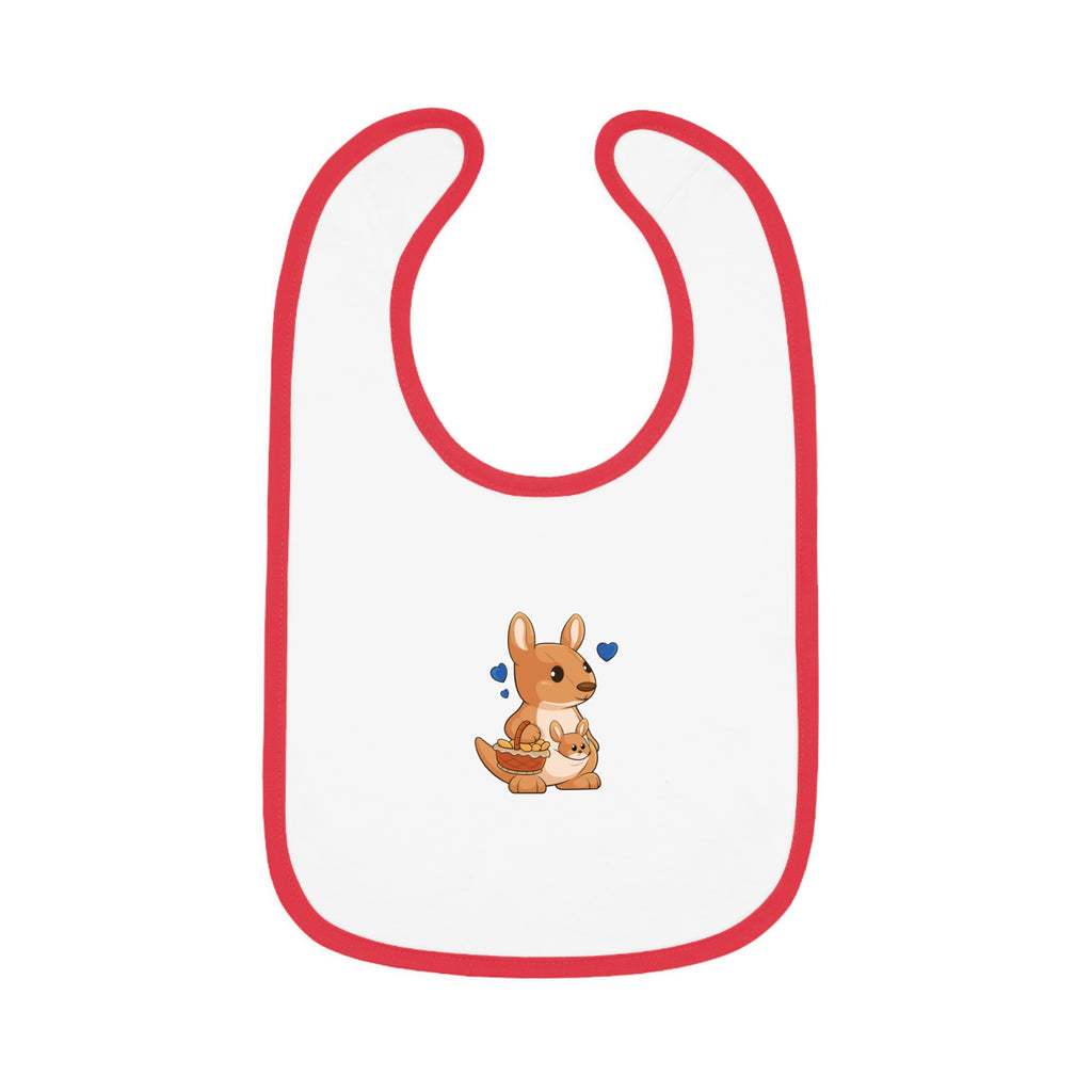 A white baby bib with red trim and a small picture of a kangaroo.