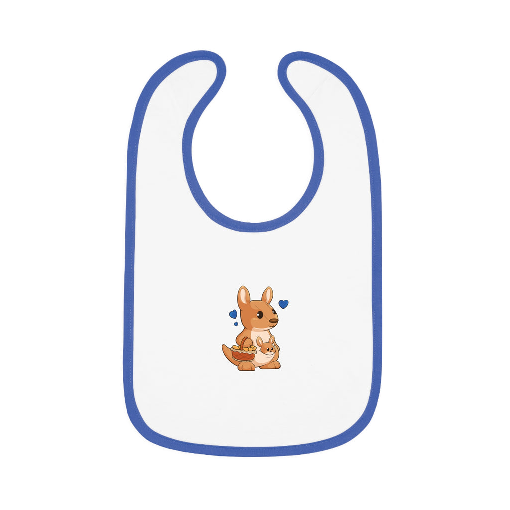 A white baby bib with royal blue trim and a small picture of a kangaroo.