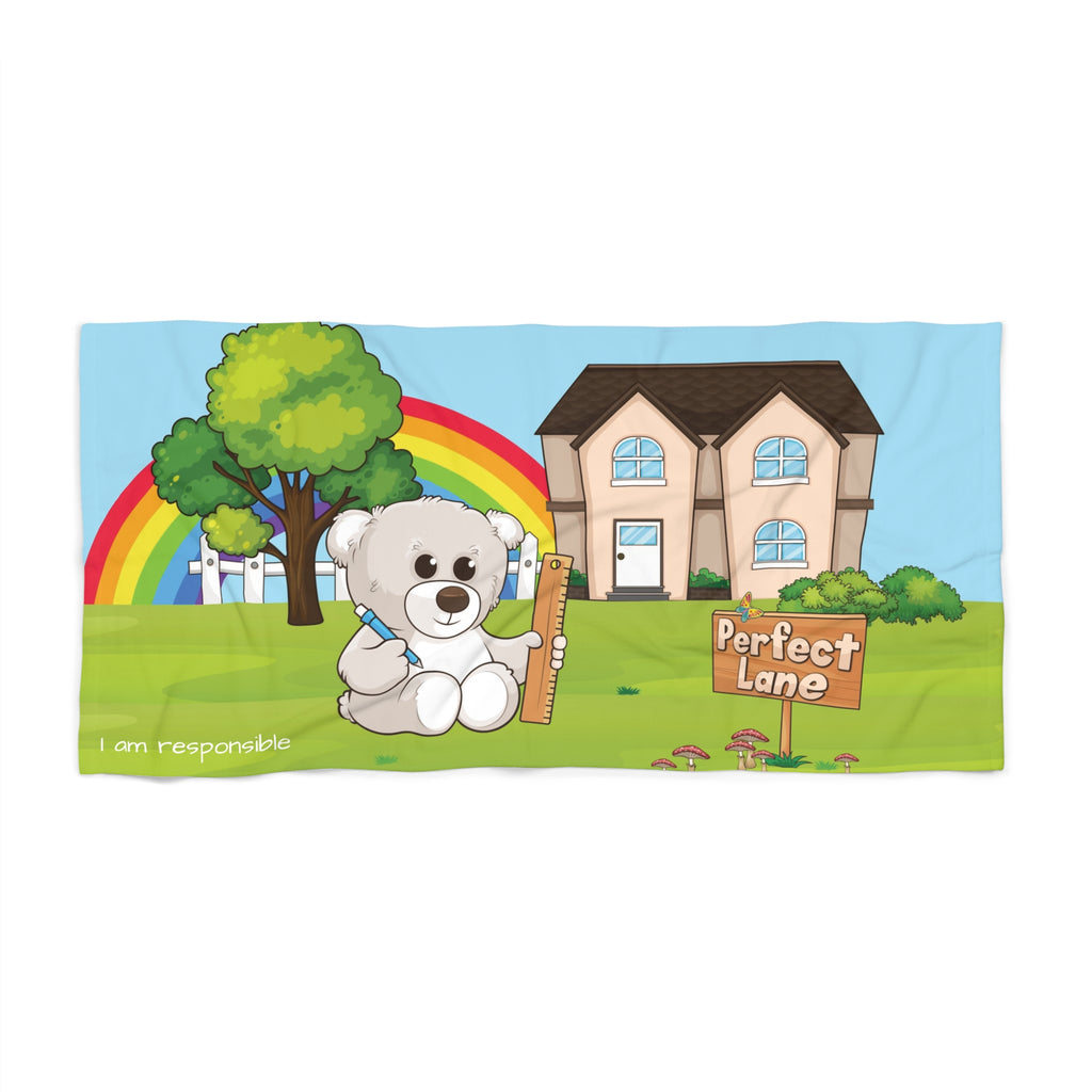 A 36 by 72 inch beach towel with a scene of a bear sitting in the yard of its house, a rainbow in the background, and the phrase "I am responsible" along the bottom.