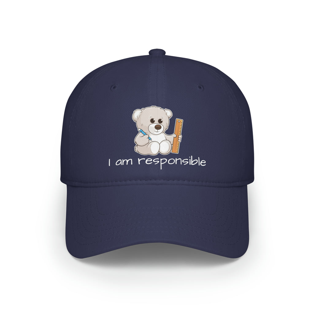 Front-view of a navy blue baseball hat with a picture of a bear that says I am responsible.