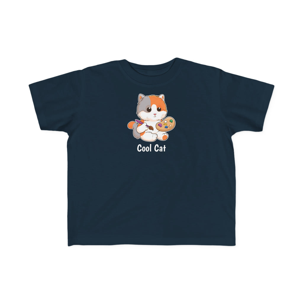 A short-sleeve navy blue shirt with a picture of a cat that says Cool Cat.